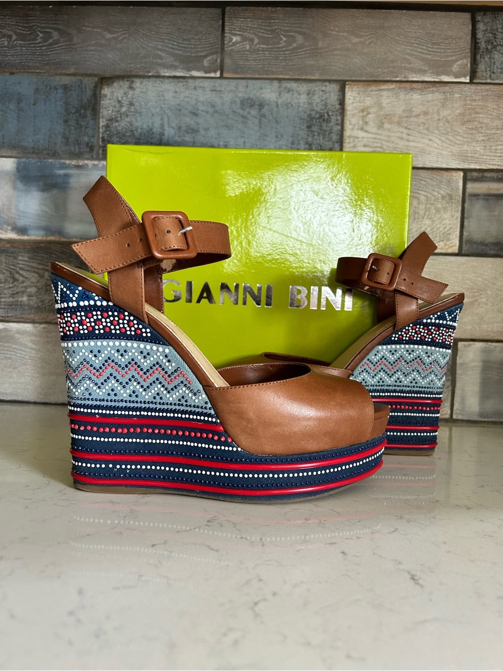 Gianni Bini Tama Hampton Tan Leather Platform Wedge Sandals - Picture 5 of 15